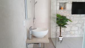a bathroom with a white bowl sink and a plant at Old Stone Holiday Home in Rovinj +23 photos