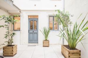 ein Haus mit zwei Pflanzen vor einer Tür in der Unterkunft Le Petit Carmes - Joli studio de caractère in Toulouse