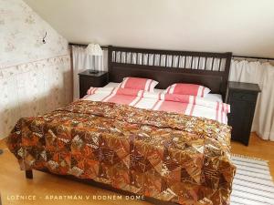1 dormitorio con 2 camas y almohadas rosas en Apartmá v Rodném domě Vincenze Priessnitze v centru lázní en Jeseník