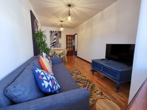 ein Wohnzimmer mit einem blauen Sofa und einem TV in der Unterkunft Coronel Pacheco 42 - Porto in Porto