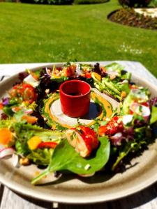 un plato de ensalada con un tazón rojo. en Hotel de la Gaichel, en Eischen