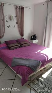 un letto in una camera da letto con lenzuola viola di agnës a Limoux