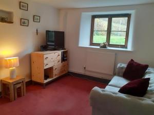 a living room with a couch and a television at Witherhill Granary in High Bickington