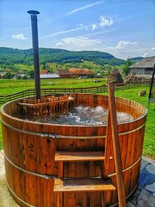 a large wooden barrel with a water fountain in a field at Pensiunea Dorel Codoban in Lazuri