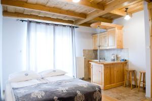 sypialnia z łóżkiem i kuchnią z oknem w obiekcie Willa u Bohuna Jacuzzi & Sauna w Zakopanem