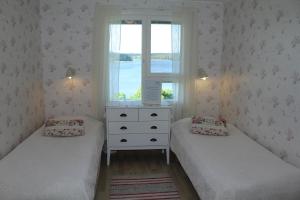 two twin beds in a bedroom with a window at Labbnäs Semesterhem in Kimitoön