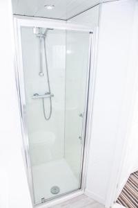 y baño con ducha y puerta de cristal. en The Retreat Guest House on Plymouth Hoe, en Plymouth