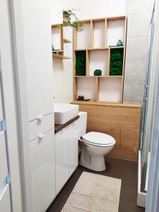 łazienka z toaletą i umywalką w obiekcie Apartament przy plaży w mieście Gdynia