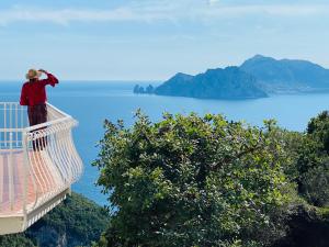 a woman standing on a balcony looking at the water at Acquamarina Accommodation in Massa Lubrense