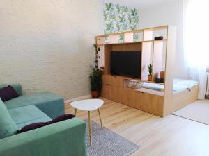 salon z kanapą i telewizorem w obiekcie Apartament przy plaży w mieście Gdynia