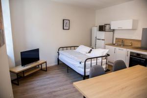 ein kleines Zimmer mit einem Bett und einer Küche in der Unterkunft ALBIAPPART VIGAN centre ville in Albi + 28 Fotos