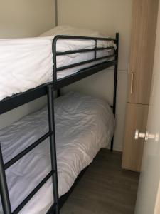 a room with two bunk beds and a closet at Houseboat uitzicht over veluwemeer, natuurlokatie, prachtige vergezichten in Biddinghuizen