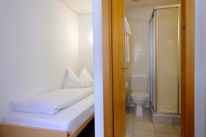 a bedroom with a bed and a bathroom with a toilet at Hotel Frieden in Davos +9 photos