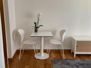 a white table with three chairs and a plant on it at Estudio Parking Centro Puerta del Sol in Vigo