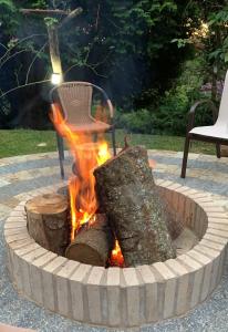 a fire pit with logs and a pot on top at Hospedagem Spa da Alma in Monte Verde