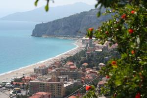 a beach with palm trees and palm trees at Grand Hotel Moroni in Finale Ligure