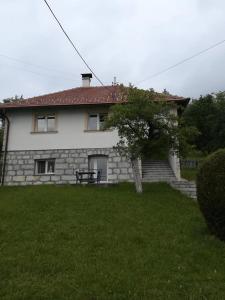 a white house with a tree in the yard at Studio u selu Mačkat in Mačkat