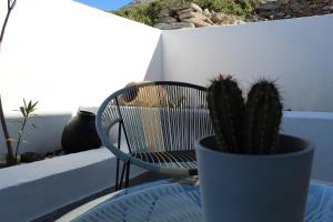 a chair and a cactus in a pot on a balcony at Cycladic Villa in Amorgos Island (Maison Shiro) in Arkesíni