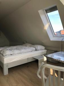 a small bedroom with a bed and a window at B&B De Gulden Halsband Pingjum in Pingjum