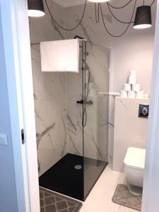 a bathroom with a shower and a toilet at Apartament Bellamore in Gdańsk