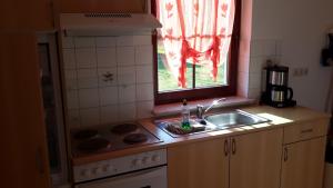 a small kitchen with a sink and a window at Gartenblick in Lütow