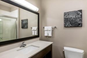 a bathroom with a sink and a mirror and a toilet at La Quinta by Wyndham Claremore in Claremore