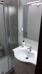 een badkamer met een wastafel en een douche met een spiegel bij NOVITA'!! Intero appartamento a Marina di Cecina in Marina di Cecina