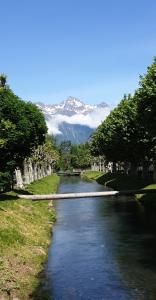 a river with a snow covered mountain in the background at La montagne in Le Bourg-dʼOisans