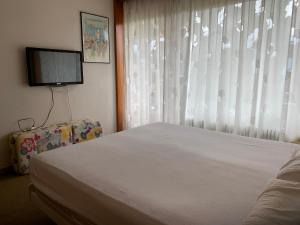 Schlafzimmer mit einem Bett, einem TV und einem Fenster in der Unterkunft Roc d'Orsay E52 in Leysin