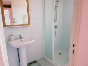 a bathroom with a sink and a shower at Gîte cosy 4 à 9 personnes in Buffières