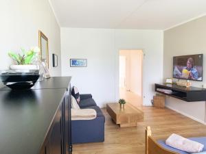 a living room with a blue couch and a tv at Apartment Bella in Chemnitz