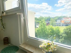 ein Fenster mit Stadtblick in der Unterkunft Apartment Bella in Chemnitz