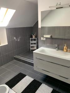 a bathroom with a sink and a bath tub at Casa Centru in Mediaş