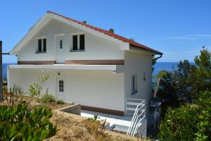 a white house on a hill with the ocean in the background at Apartments Rotim, Mljet, Sutmiholjska in Babino Polje