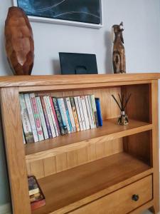 una estantería de madera con muchos libros. en Elegantly Restored Suite in Historic Limerick en Limerick