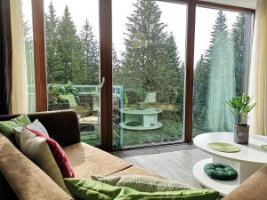 a living room with a couch and a large window at The Evergreen Nest - Silver Mountain in Poiana Brasov