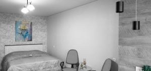 提拉斯浦的住宿－Center Tiraspol，一间卧室配有一张床和两把椅子