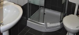 a bathroom with a toilet and a glass shower at Agyra Villa in Limenaria +50 photos