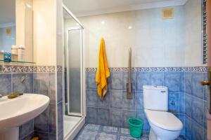 La salle de bains est pourvue de toilettes, d'un lavabo et d'une douche. dans l'établissement Apartamento en Edificio Torresol, 1ª linea de playa en Nerja, à Nerja