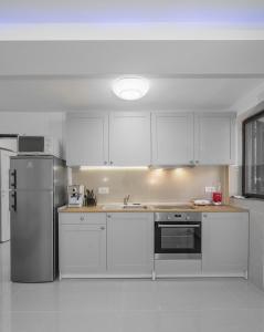 La cuisine est équipée de placards blancs et d'un réfrigérateur en acier inoxydable. dans l'établissement Apartments The heart of Croatia, à Pirovac