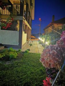 a street at night with pink flowers in front of a building at Casa cu Flori in 2 Mai