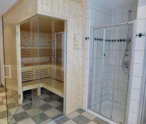 La salle de bains est pourvue d'une douche à l'italienne et d'une cabine de douche en verre. dans l'établissement Chasa Vaidum, à Samnaun