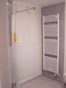 a bathroom with a shower stall and a window at Weinhaus Lenartz-Bleser in Briedern