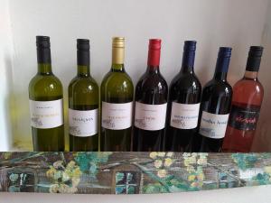 un grupo de botellas de vino sentadas en un estante en Tourist Farm Pri Martinovih en Krška Vas
