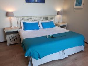 a bedroom with a large bed with blue pillows at Whales Way Ocean Retreat in Wilderness