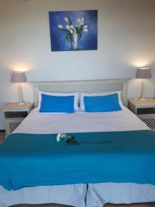 a large bed with blue pillows and a painting on the wall at Whales Way Ocean Retreat in Wilderness