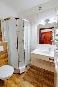a bathroom with a shower and a toilet and a sink at Panorama_SPA in Trzęsacz