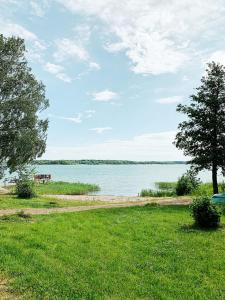 a grassy area with a lake and a body of water at Övernäsgården Gästhem in Mariehamn