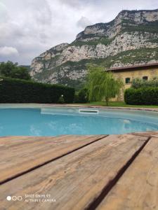 a swimming pool with a mountain in the background at Agriturismo Revena in Belluno Veronese