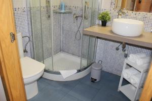 a bathroom with a toilet, sink, and shower stall at Pension Joakina in San Sebastián